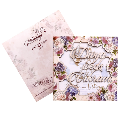 Peach Floral MDF Laser Cut Wedding Card-King of Cards