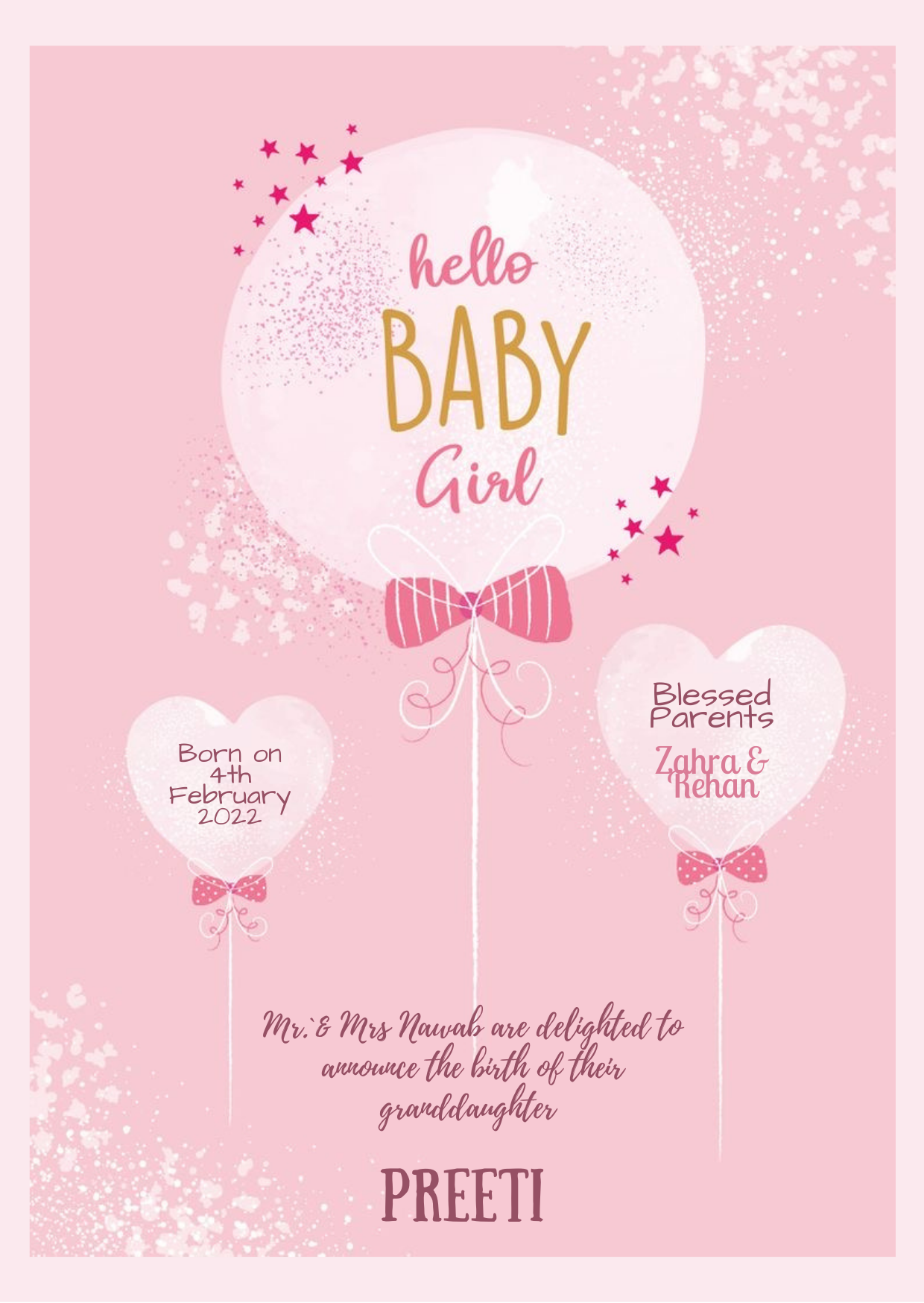 Pink Hearts Baby Birth Announcement Invitation-AABBA010