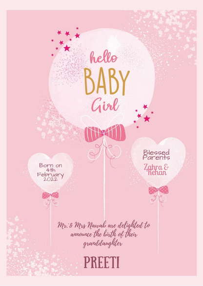 Pink Hearts Baby Birth Announcement Invitation-AABBA010