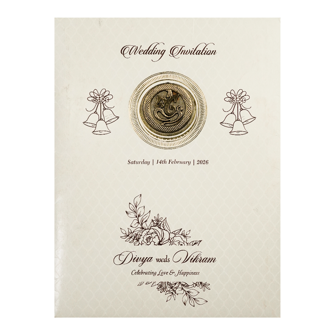 White Embossed Gold Ganesha Wedding Card-KNK7056W