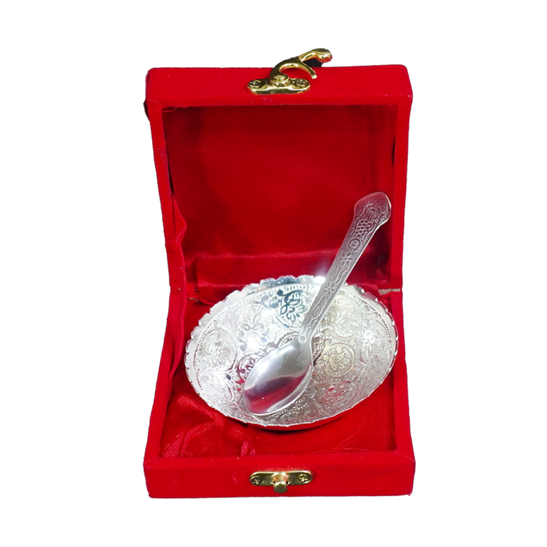 Metal Bowl &amp; Spoon Set in Red Velvet Gift Box-GRI0640