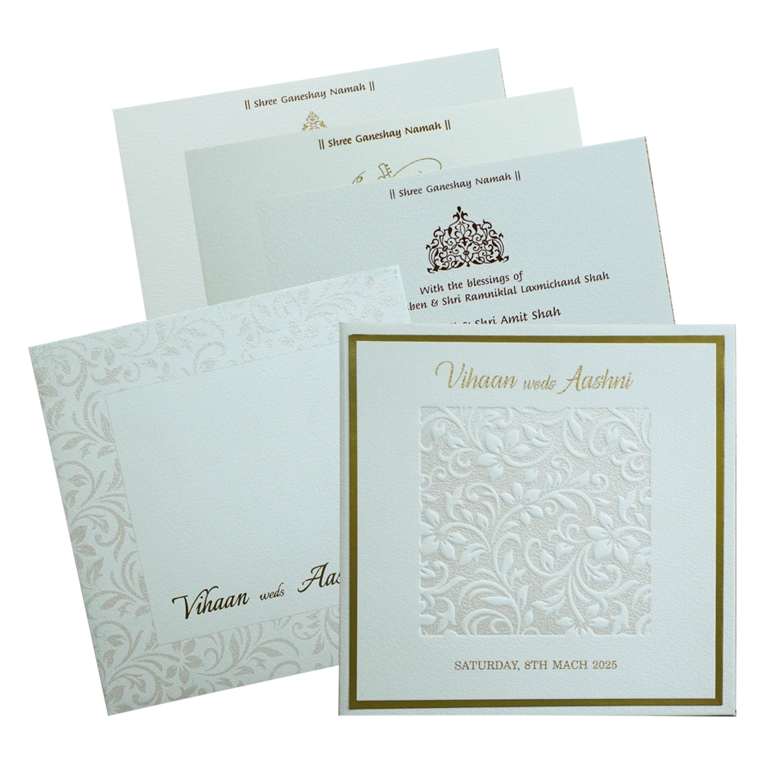 White Embossed Floral Padded Invitation Card-King of Cards