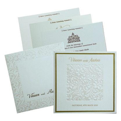 White Embossed Floral Padded Invitation Card-King of Cards