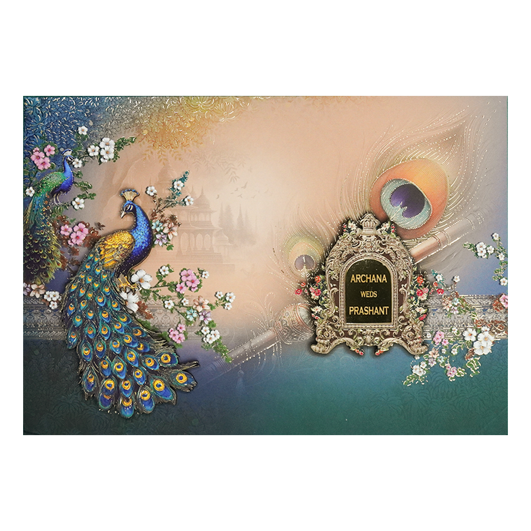 Cream Peacock Padded Wedding Card-KSI64180