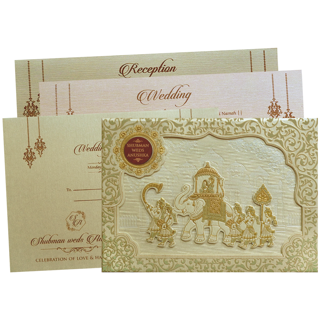 Royal Beige Embossed Gold Foil Wedding Invitation Card-KRB09780