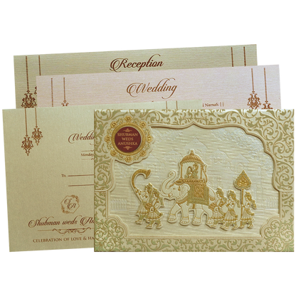 Royal Beige Embossed Gold Foil Wedding Invitation Card-KRB09780