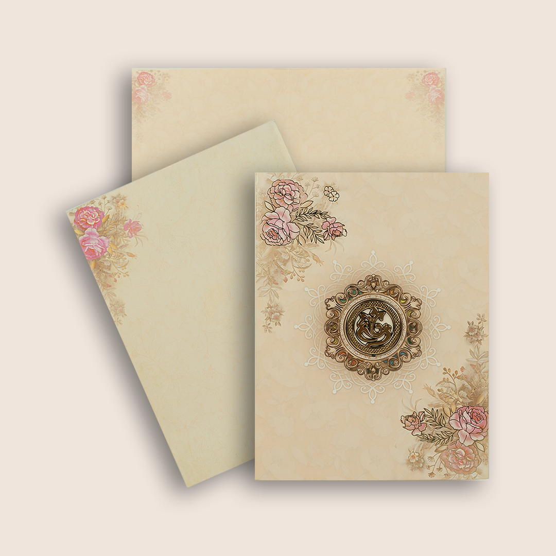 Cream Ganesha Floral Wedding Card - KNKC4071