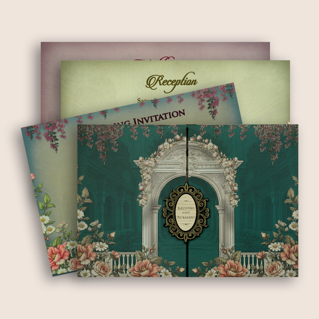 Teal Green Floral Padded Door Style Wedding Card - KJTS1928
