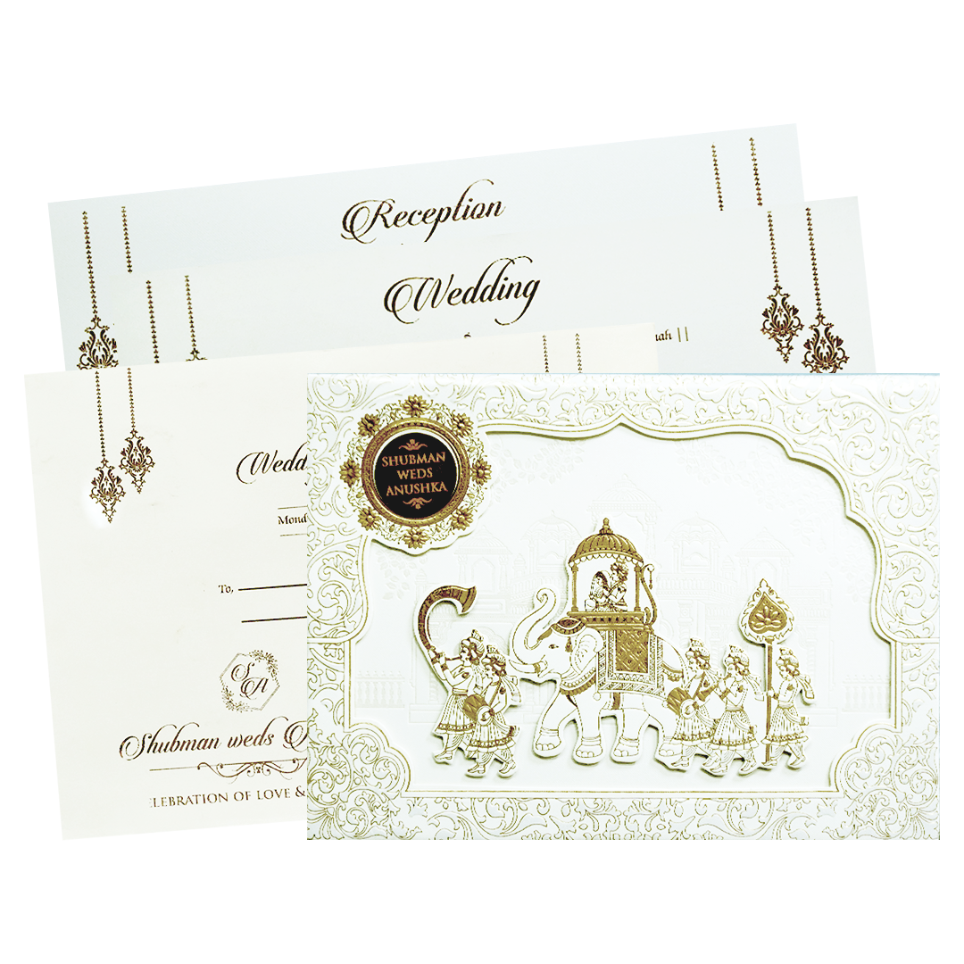 White Padded Wedding Invitation Card with Raised Gold Embossed Design-KRB09781