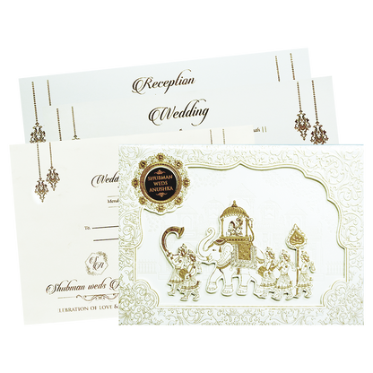 Check out White Padded Raised Gold Embossed Wedding Invitation Card at best price. ?WhatsApp Support ?Express Delivery.