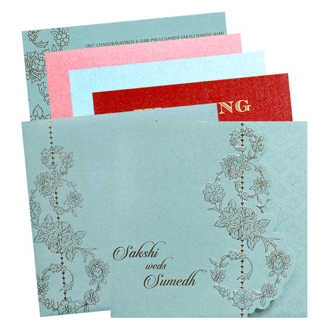 Sky Blue Floral Laser Cut Wedding Card-KPR06160