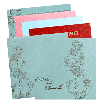 Sky Blue Floral Laser Cut Wedding Card-KPR06160