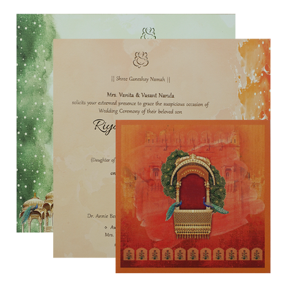 Orange Padded Peacock Palace Wedding Card-KRC31490