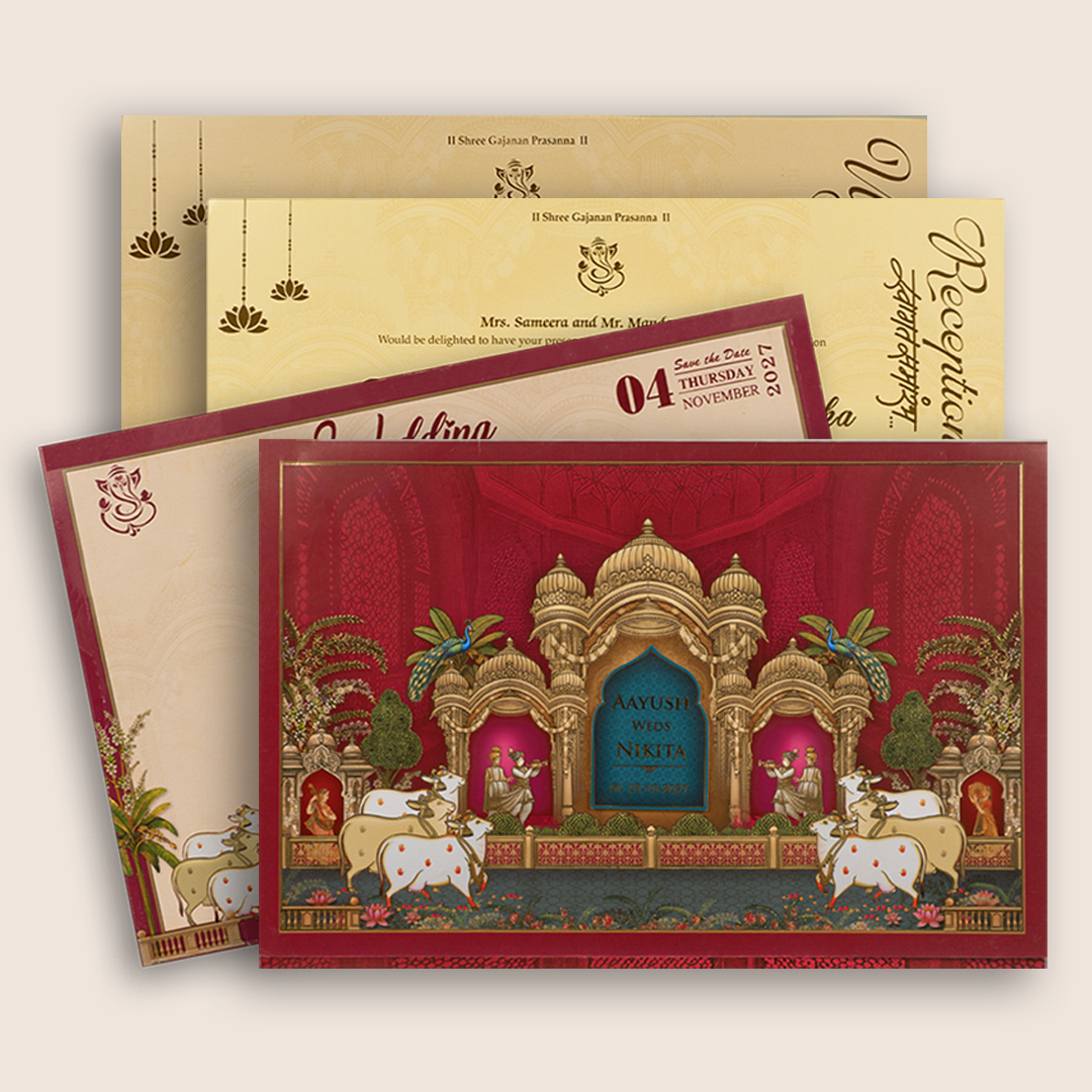 Maroon Elegant Palace Wedding Card - KSH73870