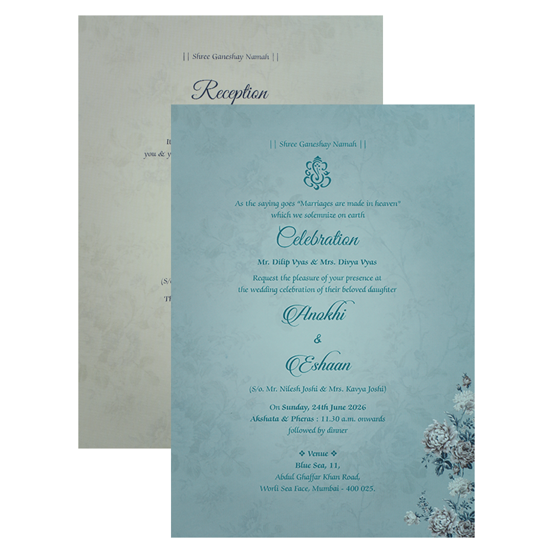 Pastel Blue Floral Padded Wedding Card-KJTS3661