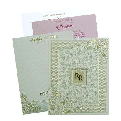 Beige Grey Floral Embossed Classic Wedding Card - KMMWD1109