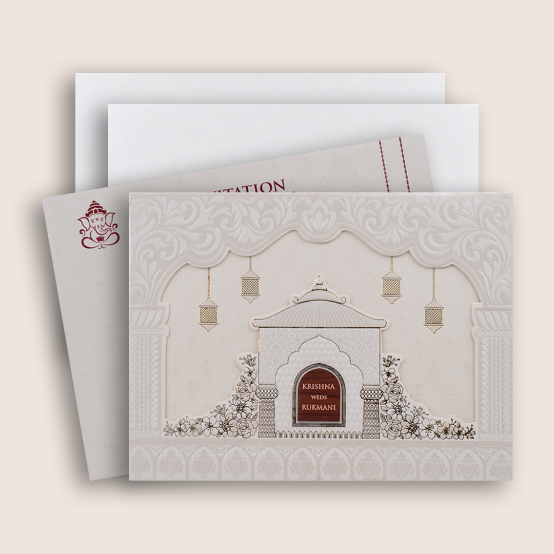 White Floral Laser Cut Padded Invitation  Card - KJTS1942