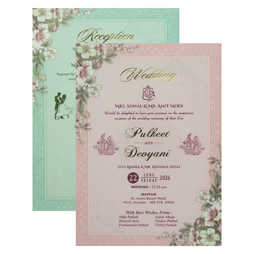Grey Floral Border Padded Wedding Card-KJTS1814