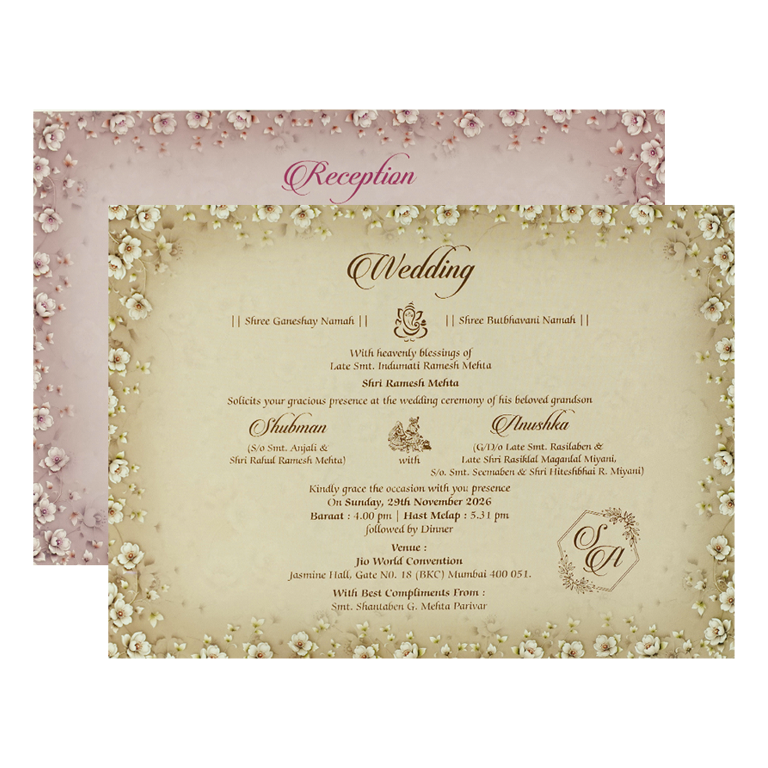 Grey Gold Floral Gatefold Padded Wedding Card-KRB09250