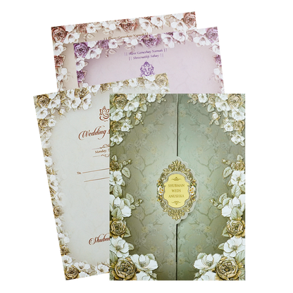 Royal Grey Embossed Gold Foil Door Style Wedding Invitation Card-KRB09040