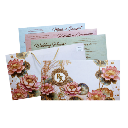 Pastel Lotus Floral Padded Wedding Invitation Card-KPR24720