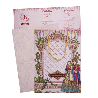 Royal Pink Couple Peacock Bag Wedding Card - KSH73180