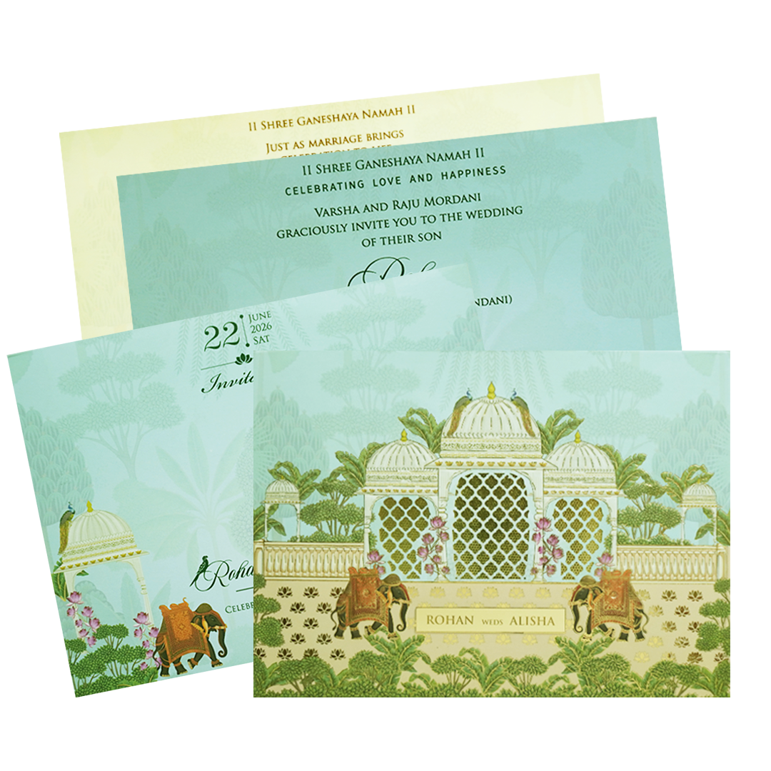 Pastel Green Embossed Elephant Padded Marriage Card - KFR15330