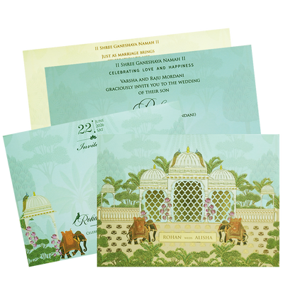 Pastel Green Embossed Elephant Padded Marriage Card - KFR15330