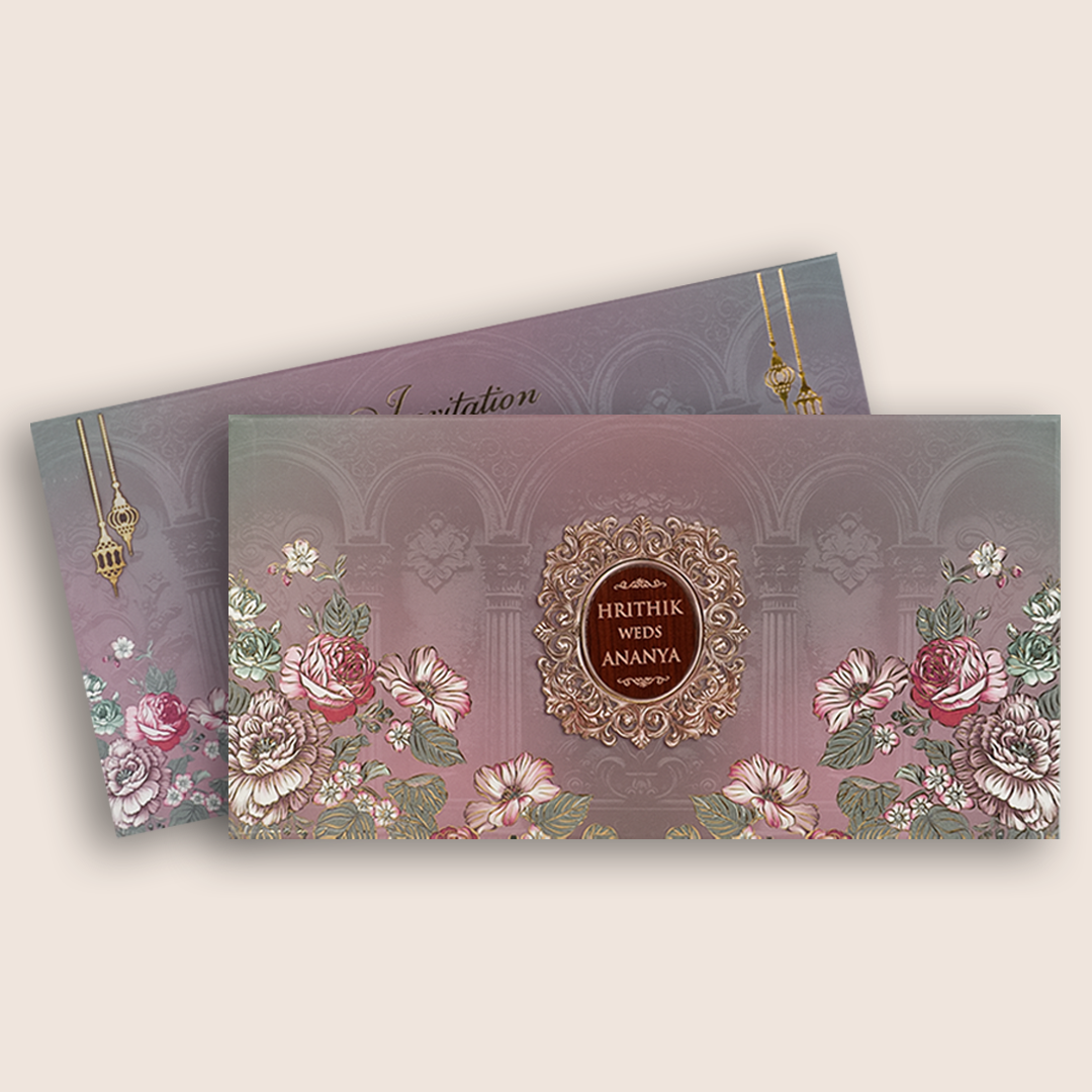 Purple Floral Embossed Padded Marriage Invitation - KVN07810