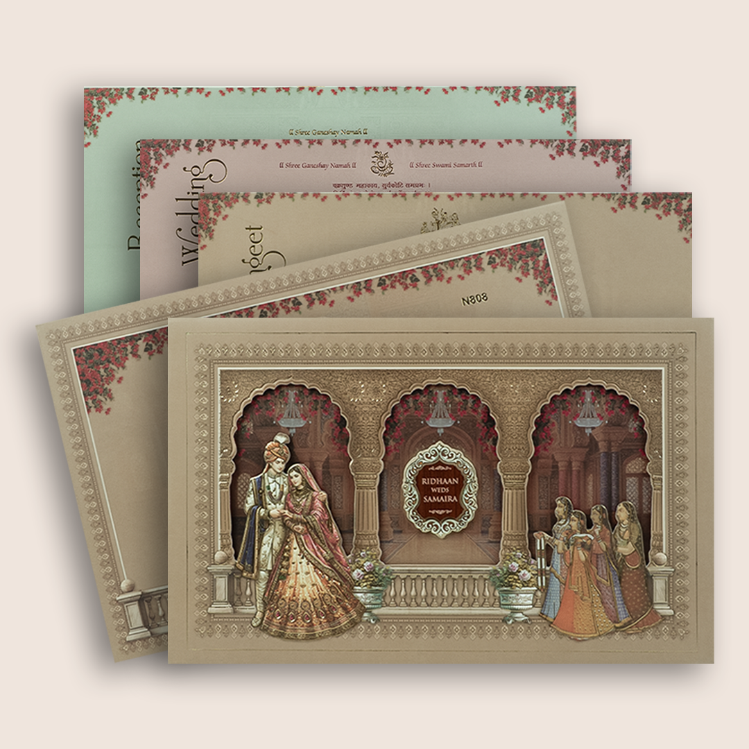 Pastel Brown Bride Groom Laser Cut Padded Invitation Card - KVN08080