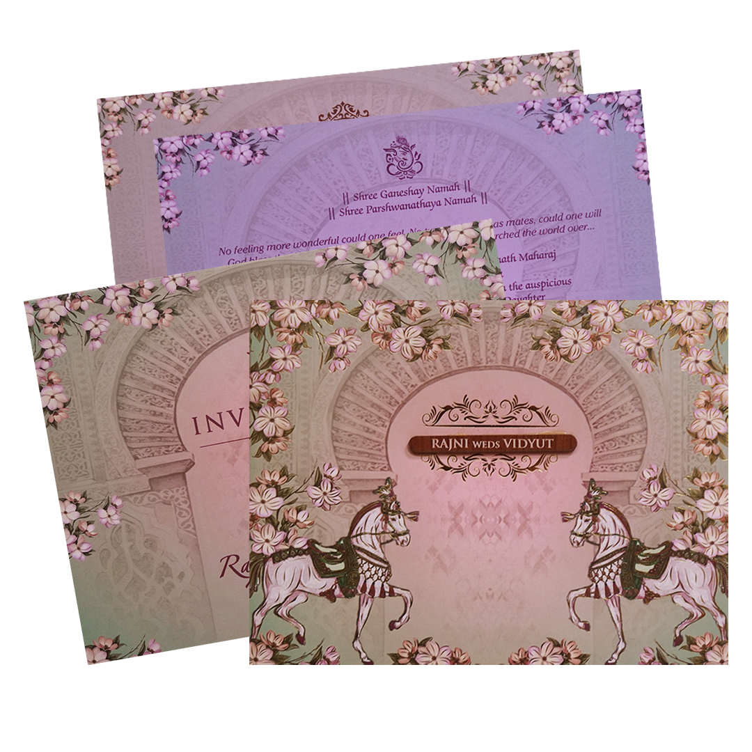 Green Padded Floral Horse Wedding Card- KVN07400