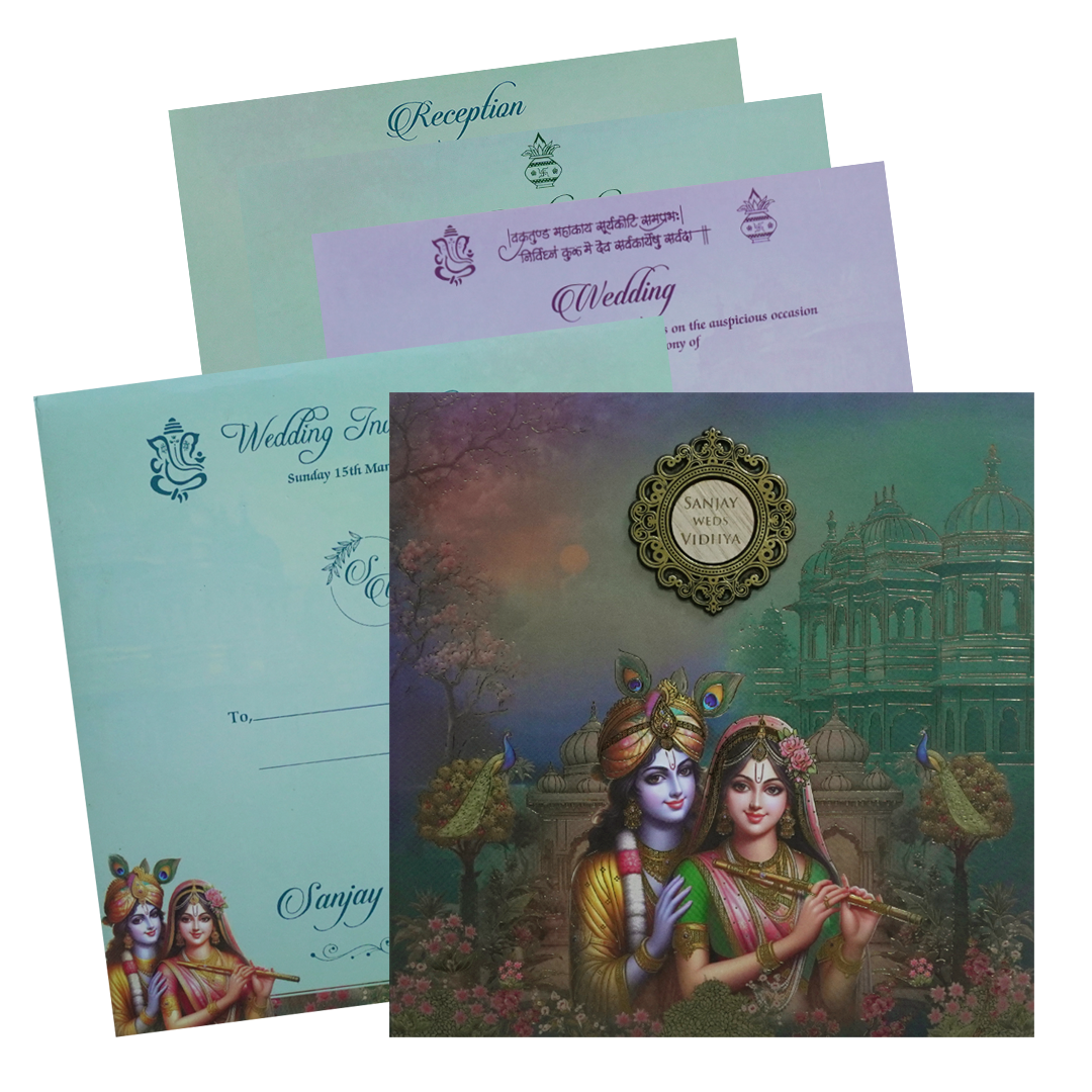 Green Radha Krishna Padded Wedding Card - KSH72750