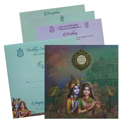 Green Radha Krishna Padded Wedding Card - KSH72750