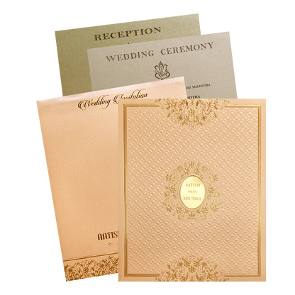 Orange Gold Embossed Floral Padded Wedding Card-KMMWD1136
