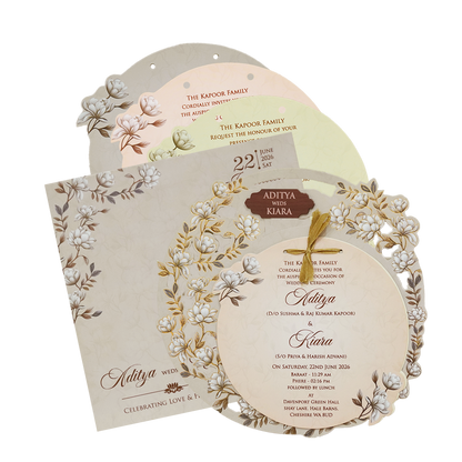 Check out  Grey Floral Circular Insert Wedding Card at best price. ✅WhatsApp Support ✅Express Delivery.|King of cards.