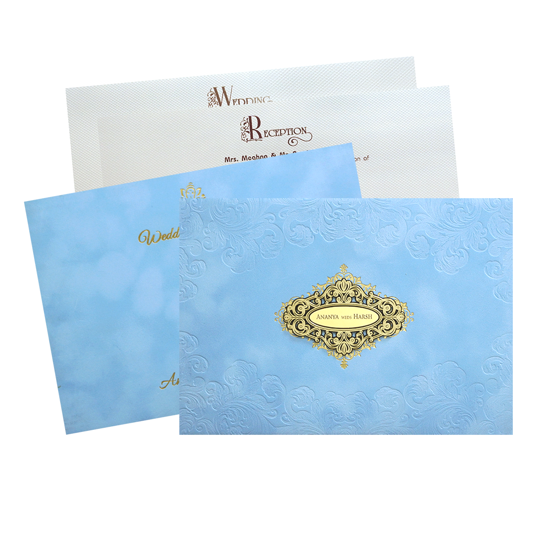 Light Blue Gold ornate Padded Wedding Card -KMMWD1138