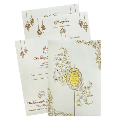 Royal White Embossed Door Style Wedding Invitation Card-KRB09111