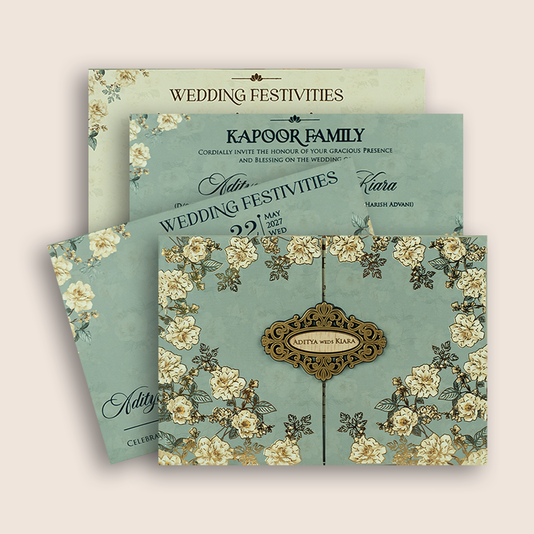 Pastel Blue Floral Door Style Padded Wedding Card - KFR16400