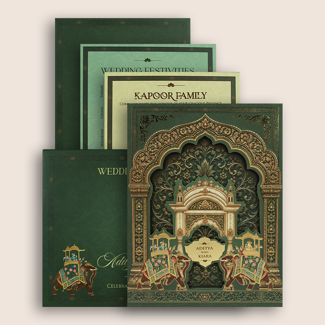Green Royal Elephant Laser cut Padded Wedding Card - KFR17470