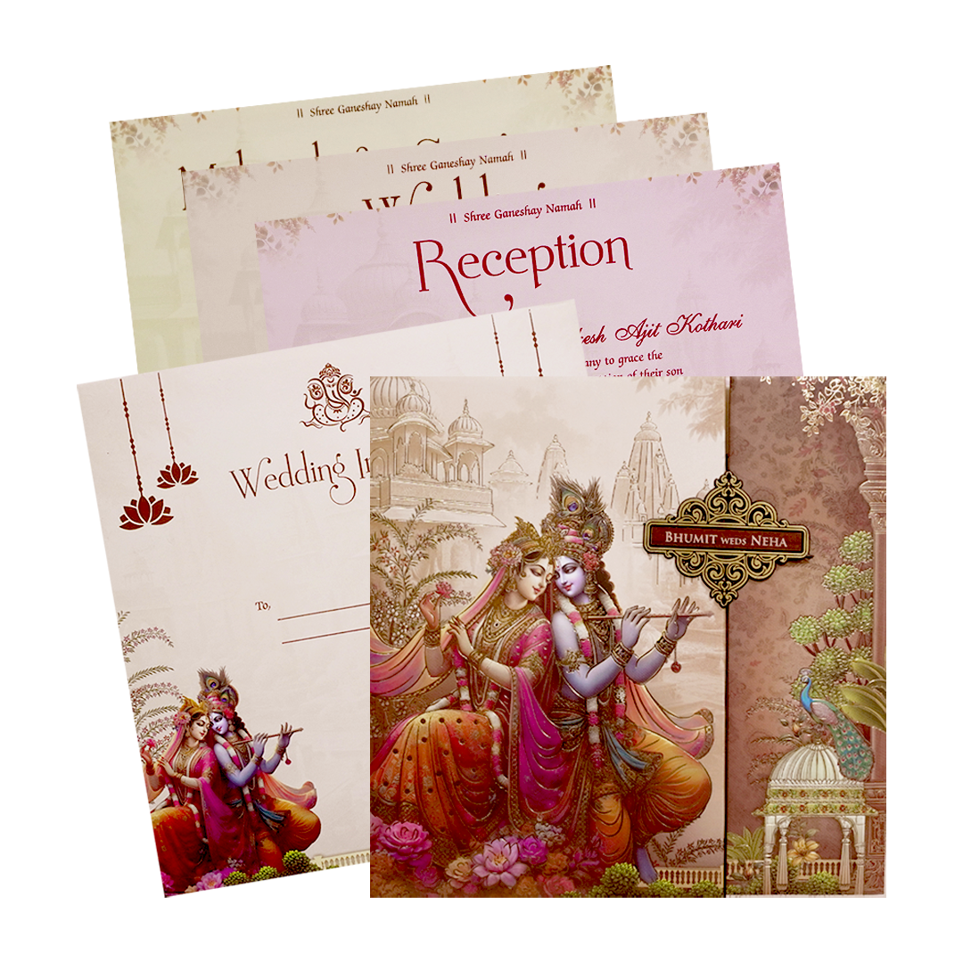 Pastel Brown Krishna Radha Padded Wedding Card - KSH72820