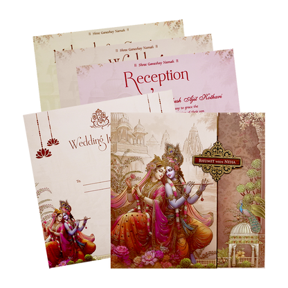 Pastel Brown Krishna Radha Padded Wedding Card - KSH72820