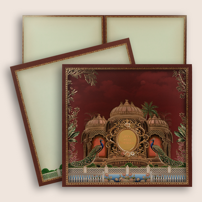 Maroon Jharokha Design Peacock Wedding Invitation - KNSR8811M