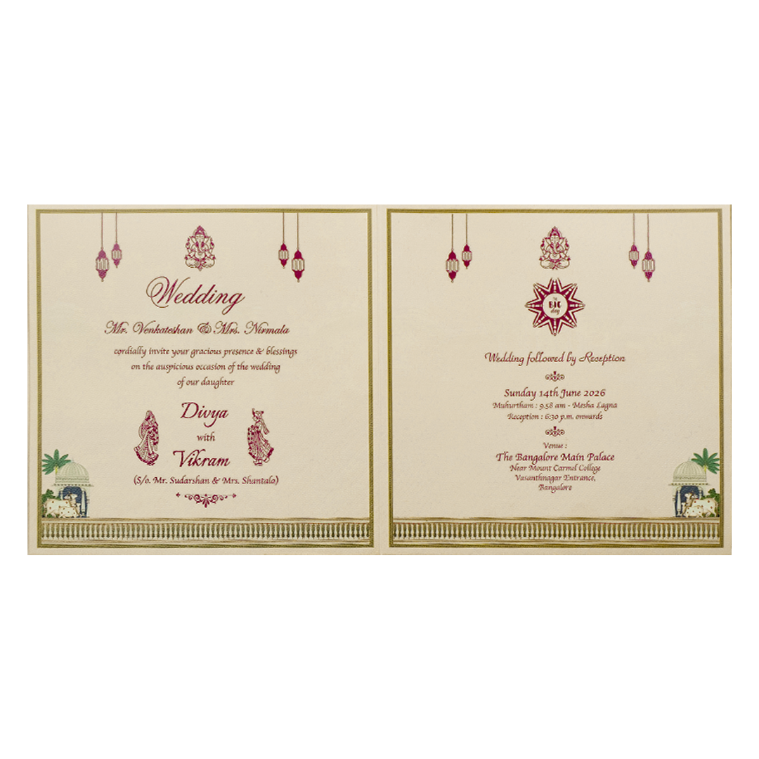 Navy Blue Kamadhenu Palm Wedding Card-KNKD8113