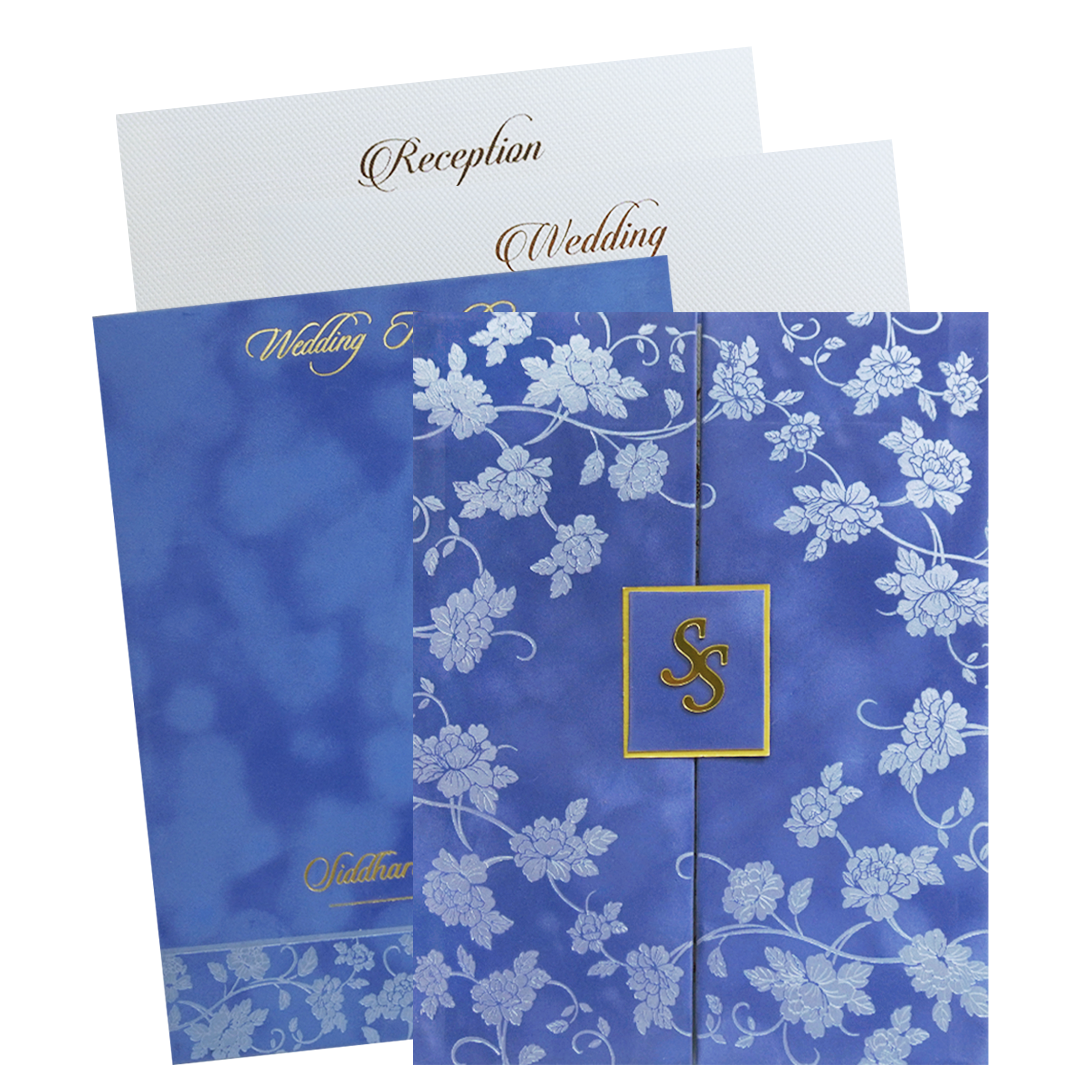 Blue Silver Floral Monogram Double Door Wedding Card - KMMWD1114