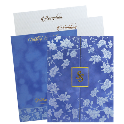 Blue Silver Floral Monogram Double Door Wedding Card - KMMWD1114