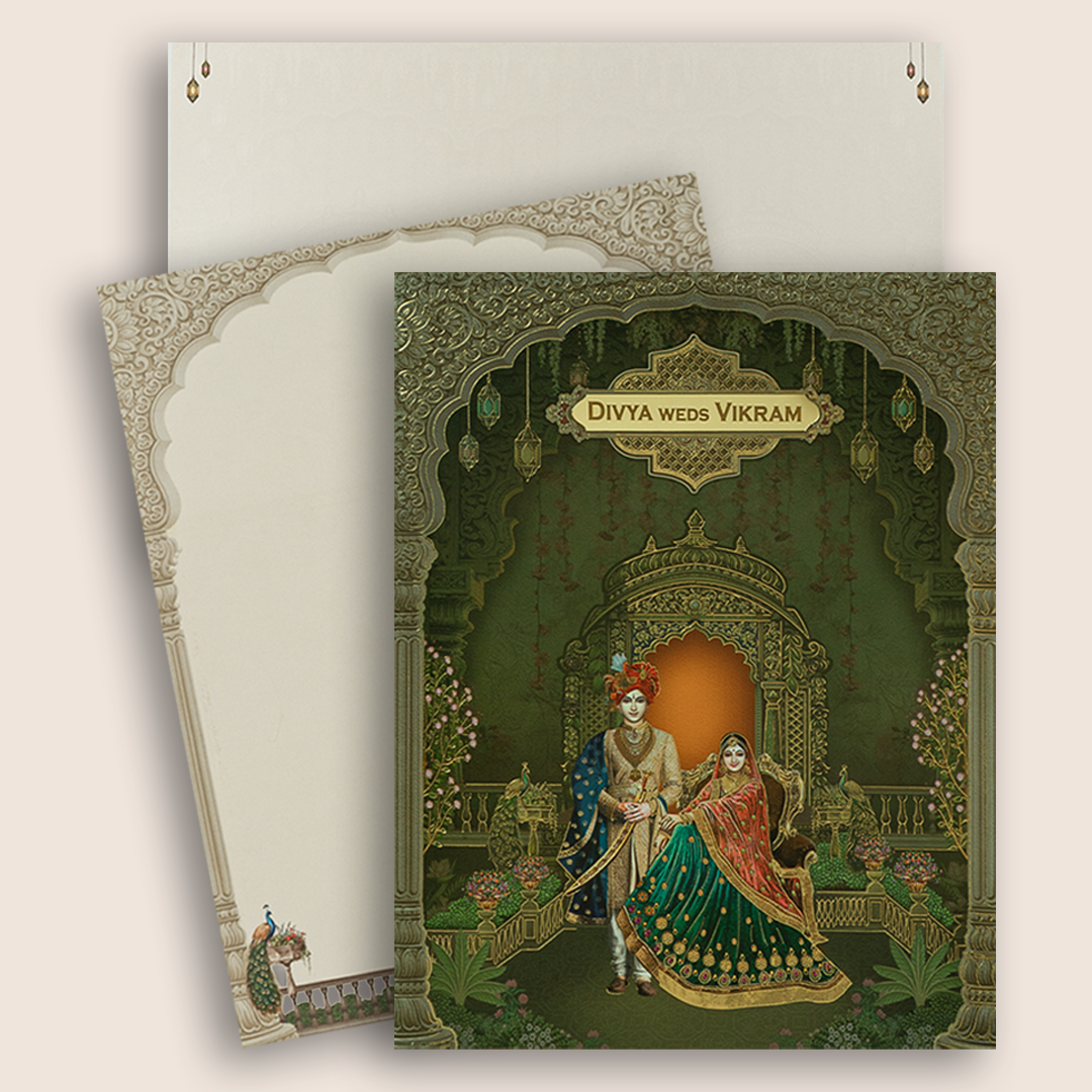 Green Royal Bride Groom Floral Wedding Card - KNKJ1165