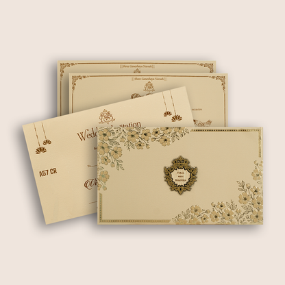 Cream Embossed Floral Padded Wedding Invitations - KMARA571