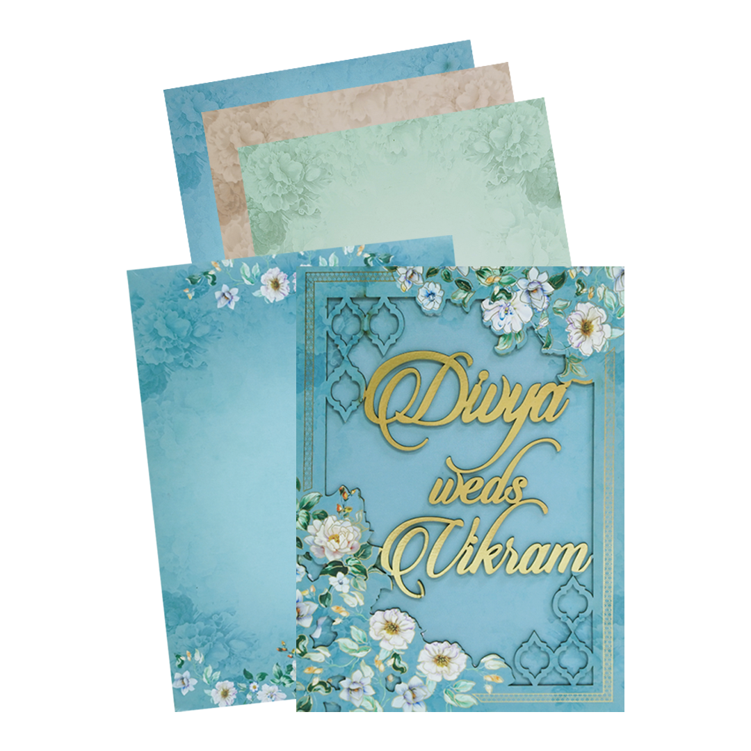 Blue Gold Laser-Cut Floral Wedding Card - KNOR5202