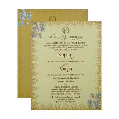 Blue Gold Floral Padded Wedding card-KRE28020