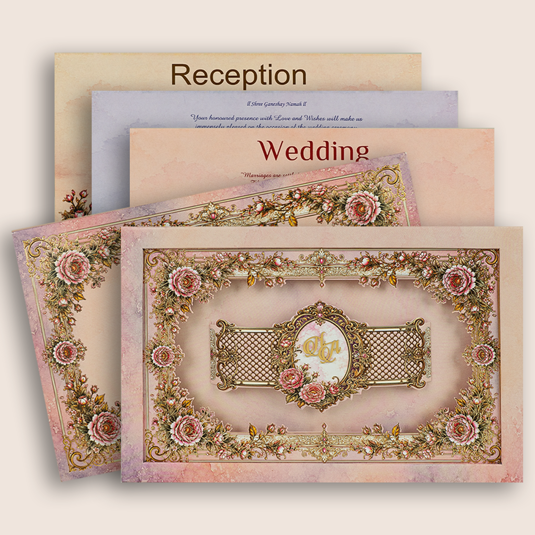 Pink Floral Laser Cut Padded Invitation Card - KPR026150